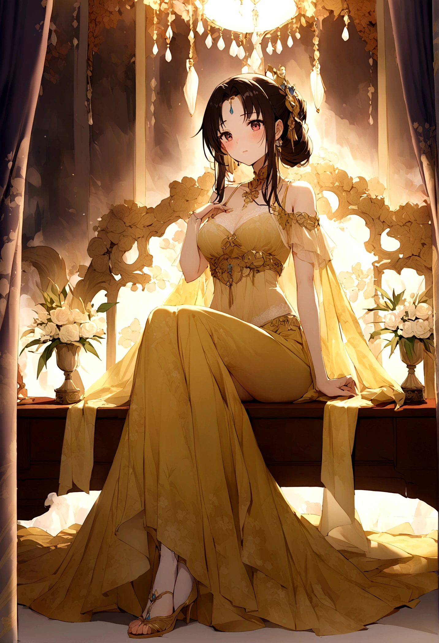 Ultimate Douluo Lan Xuanyu sexy evening dress,Lace hollow transparent camisole underwear,dark,Nervous fun,sitting posture,Lan Xuanyu women's clothing golden dragon princess