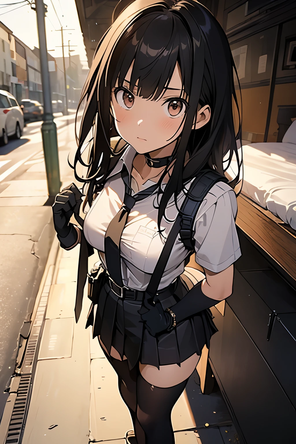 high quality, masterpiece, Ultra-high resolution, (realism: 1.4), Oil painting style, Cinema Lighting, , I stood on the empty asphalt road and looked at it., And the suspenders with the cranes flying Large Breasts Small face holster Lying in bed Looking up Sweat belt summer 脇Sweat Black Hole Gloves suit mini skirt garterbelt Leg Links ズボンにbelt holster Hands behind your back Anxious expression Looking up Anxious face Knee-high Knee socks Knee-highソックス garterbelt garter ふとももにgarterbelt