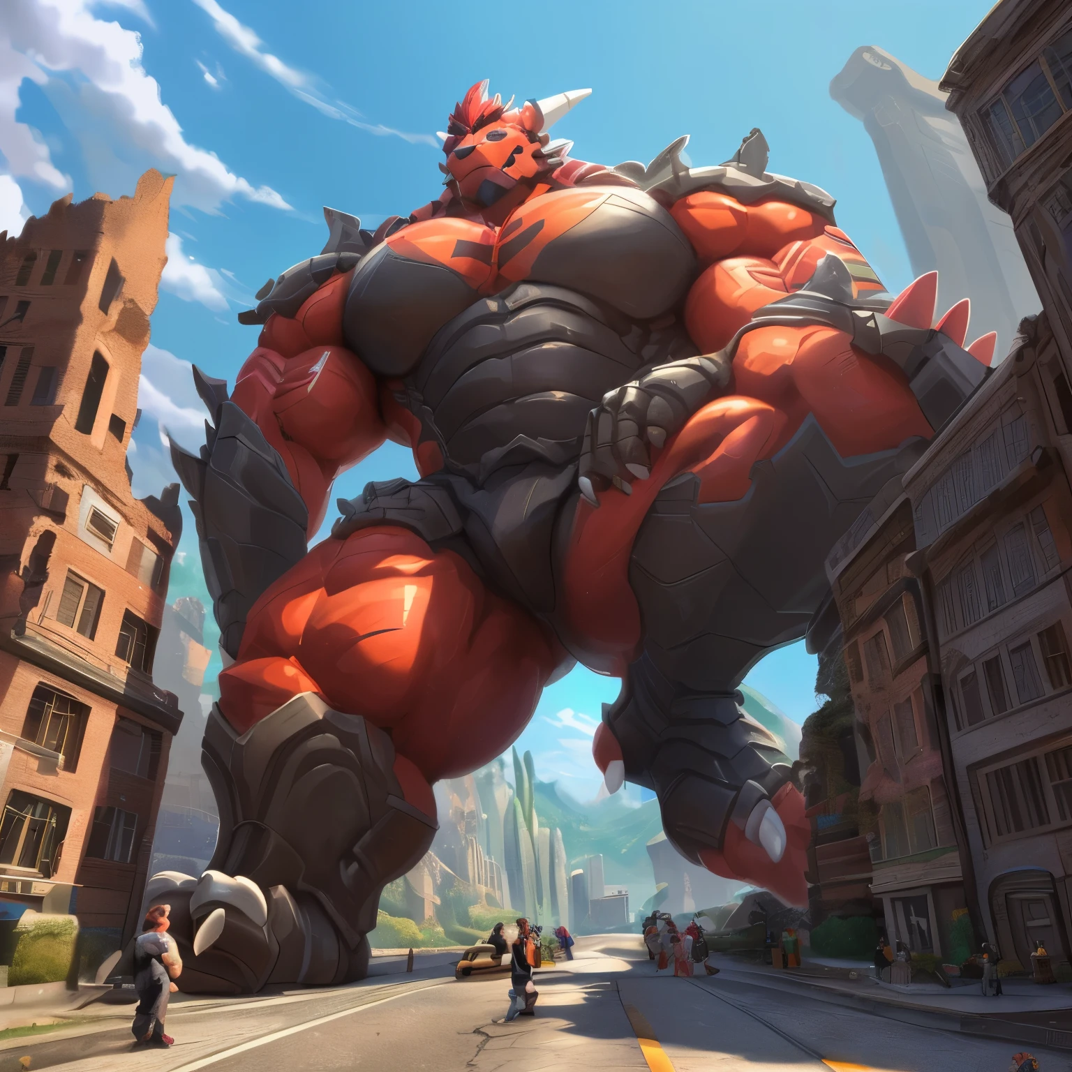 The as big as a building Exoskeleton Dragon in the small street,Exoskeleton Dragon(massive:3.0,Big Muscle:1.1(heavyweight,strong,macro,Emphasize huge size, Stepping on the ruins)),background((the collapse building,raising little spoke,the little sparks,the rift in the road)),low angle perspective