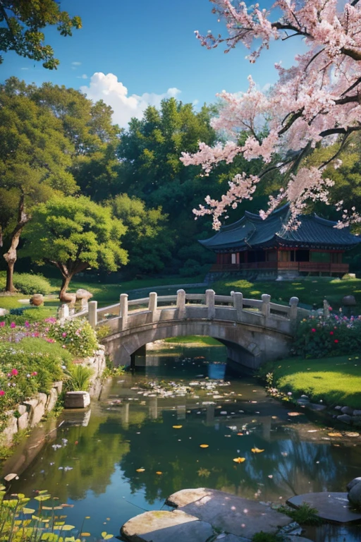 A beautiful detailed peach blossom garden in ancient China, lush peach trees in full bloom, intricate stone bridges, serene ponds with lotus flowers, exquisite traditional Chinese architecture, ancient scholars strolling through the garden, (best quality,4k,8k,highres,masterpiece:1.2),ultra-detailed,(realistic,photorealistic,photo-realistic:1.37),HDR,UHD,studio lighting,ultra-fine painting,sharp focus,physically-based rendering,extreme detail description,professional,vivid colors,bokeh,landscape,intricate details,cinematic lighting,warm color palette