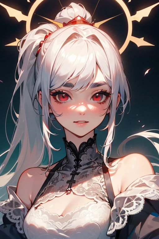(Highest quality, masterpiece:1.2), (High resolution, 最高masterpiece).(difficult).Very detailed, Realistic:1.37, Fantasy, An illustration,Gray Hair、 Red eyes、Queen, White and blue dress、beautifully、Eyeshadow Red、Thick eyebrows、Long eyelashes、pupils are black、shiny on the lips、Top Sites、Queen、Princess、A kind smile、Show your teeth a little and smile、Soft impression、people々々々Loved by、Slimming the face、Shoulder Bare、ponytail、Kissing Face、Long white hair、Shaggy Bangs、Save face image、((Lace Underwear)).、