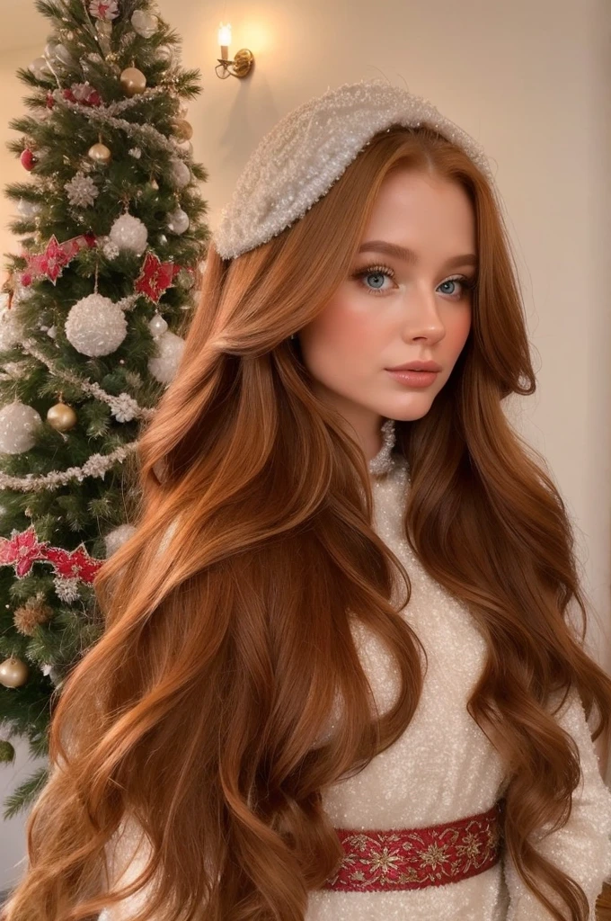 A gorgeous, pretty, shiny, kind-hearted, warm-hearted, sweet, polite, sensitive, friendly, charming, graceful, stylish, classy, alluring, majestic, ethereal, angelical ginger long haired russian woman dressed in traditional folk winter costumes.