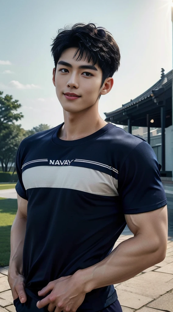 (As a matter of fact, Masterpiece, 8k HD, good light quality, sportswear, fit the face, complicated details), A handsome and muscular young Korean man., Have muscles, (Buzzcut short hair:1.5)  ,(Broad shoulders:1.3), 20 years old, be happy, smile brightly, detailed face, delicate eyes, มองดูsky, (Wear a navy tight T-shirt.:1.6), period, black eyes, Black hair color, ผมsmooth, smooth, outdoor sports, Along the garden, Sunny,sky，Surreal，Awesome details，Highest quality，real，(As a matter of fact, Masterpiece, 8k HD, good light quality, sportswear, fit the face, complicated details), A handsome and muscular young Korean man. Have muscles ,(Broad shoulders:1.3), 20 years old, be happy, smile brightly, detailed face, delicate eyes, มองดูsky, (Wear a navy tight T-shirt.:1.6), period, black eyes, Black hair color, ผมsmooth, smooth, outdoor sports, Along the garden, Sunny,sky，Surreal，Awesome details，Highest quality，real