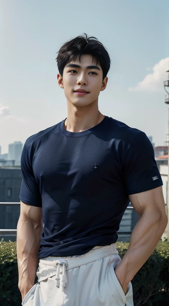 (As a matter of fact, Masterpiece, 8k HD, good light quality, sportswear, fit the face, complicated details), A handsome and muscular young Korean man., Have muscles, (Buzzcut short hair:1.5)  ,(Broad shoulders:1.3), 20 years old, be happy, smile brightly, detailed face, delicate eyes, มองดูsky, (Wear a navy tight T-shirt.:1.6), period, black eyes, Black hair color, ผมsmooth, smooth, outdoor sports, Along the garden, Sunny,sky，Surreal，Awesome details，Highest quality，real，(As a matter of fact, Masterpiece, 8k HD, good light quality, sportswear, fit the face, complicated details), A handsome and muscular young Korean man. Have muscles ,(Broad shoulders:1.3), 20 years old, be happy, smile brightly, detailed face, delicate eyes, มองดูsky, (Wear a navy tight T-shirt.:1.6), period, black eyes, Black hair color, ผมsmooth, smooth, outdoor sports, Along the garden, Sunny,sky，Surreal，Awesome details，Highest quality，real