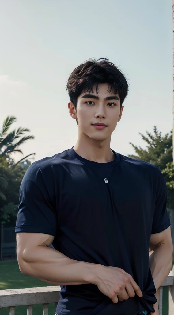 (As a matter of fact, Masterpiece, 8k HD, good light quality, sportswear, fit the face, complicated details), A handsome and muscular young Korean man., Have muscles, (Buzzcut short hair:1.5) ,(Broad shoulders:1.3), 20 years old, be happy, smile brightly, detailed face, delicate eyes, มองดูsky, (Wear a navy tight T-shirt.:1.6), period, black eyes, Black hair color, ผมsmooth, smooth, outdoor sports, Along the garden, Sunny,sky,Surreal,Awesome details,Highest quality,real,(As a matter of fact, Masterpiece, 8k HD, good light quality, sportswear, fit the face, complicated details), A handsome and muscular young Korean man. Have muscles ,(Broad shoulders:1.3), 20 years old, be happy, smile brightly, detailed face, delicate eyes, มองดูsky, (Wear a navy tight T-shirt.:1.6), period, black eyes, Black hair color, ผมsmooth, smooth, outdoor sports, Along the garden, Sunny,sky,Surreal,Awesome details,Highest quality,real