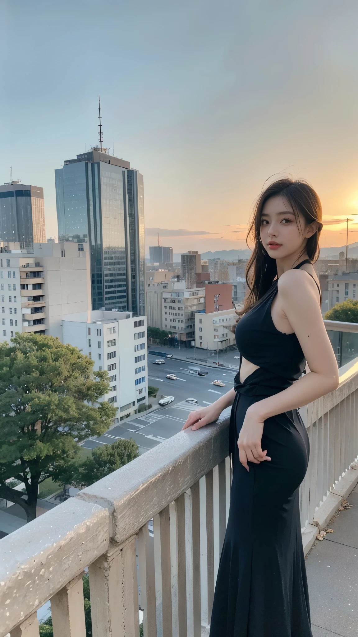 (8K、Raw photo、Highest quality、masterpiece:1.2)、(Realistic、Realistic:1.37)、Ultra-high resolution、One Girl、cute、alone, Browsing Caution,Highest quality,masterpiece,8K,Droopy eyes,Big Breasts,Beautiful breasts, Outdoor, Spanish cityscape, Black dress, Highly detailed face, Highly detailed lips, fine grain, double eyelid, Exquisite detail and subtle sparkle, Photograph her in poses that reflect both grace and confidence, Enhance visual effects with cinema lighting. Use modern 2D designs for your backgrounds, Create beautifully, Balanced composition. Enhance the scene with elements such as depth of field, bloom effect, And a touch of sparkle, Adds a dreamy texture to the entire image. Pay close attention to detail