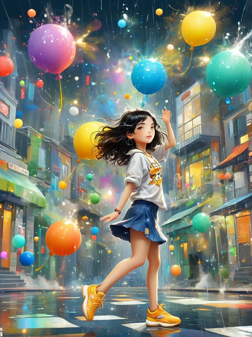 Cartoon illustration，Vector illustration，A girl full of energy，Showing off her breakdancing skills on a graffiti-covered urban dance floor，((beautiful eyes))，((Perfect and refined limbs))，She was barefoot，Loose and comfortable clothes，Perfect for dancing，Her black hair was tied into a high ponytail.，One hand rotation，Spin your feet in the air，(heavy rain:1.5)，(The scene is filled with cold rain)，The audience was impressed，She performed a complex move with ease.，The energy she captures is palpable，The air is filled with the rhythm of street music，(masterpiece，Best quality:1.2)，lifelike，Reality，梦幻般的Light芒，错综复杂的detail，Ultra Detailed，detail，High contrast，美丽细致的Light芒，Bright，更多detail，精细发Light，very fine 8K CG wallpaper，Depth of Field，Abuse of color difference，Soft colors，非常精致的Light线，眩Light，Light，Light粒子，reflection