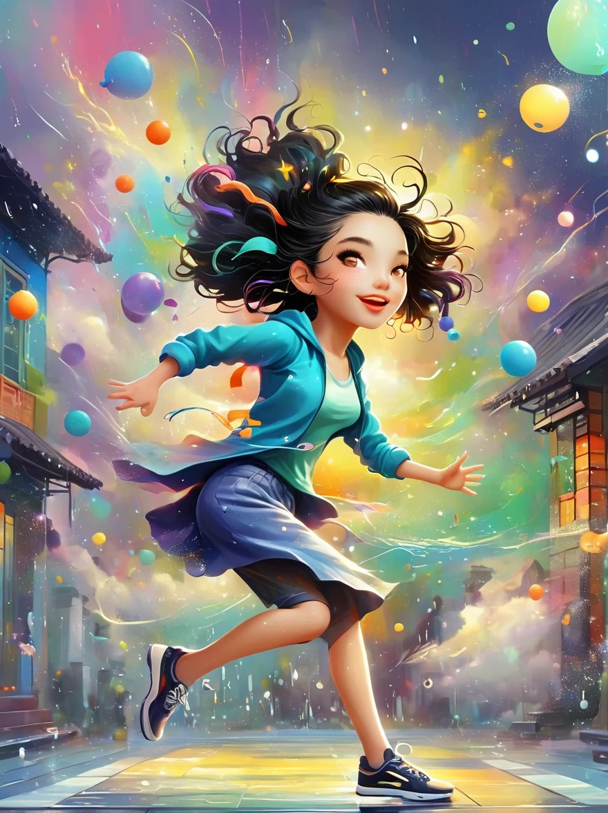 Cartoon illustration，Vector illustration，A girl full of energy，Showing off her breakdancing skills on a graffiti-covered urban dance floor，((beautiful eyes))，((Perfect and refined limbs))，She was barefoot，Loose and comfortable clothes，Perfect for dancing，Her black hair was tied into a high ponytail.，One hand rotation，Spin your feet in the air，(heavy rain:1.5)，(The scene is filled with cold rain)，The audience was impressed，She performed a complex move with ease.，The energy she captures is palpable，The air is filled with the rhythm of street music，(masterpiece，Best quality:1.2)，lifelike，Reality，梦幻般的Light芒，错综复杂的detail，Ultra Detailed，detail，High contrast，美丽细致的Light芒，Bright，更多detail，精细发Light，very fine 8K CG wallpaper，Depth of Field，Abuse of color difference，Soft colors，非常精致的Light线，眩Light，Light，Light粒子，reflection