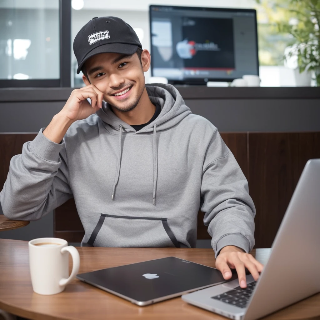 a man sit on cafe tabble, working on apple laptop, smile to camera, grey hoodie, wear cap