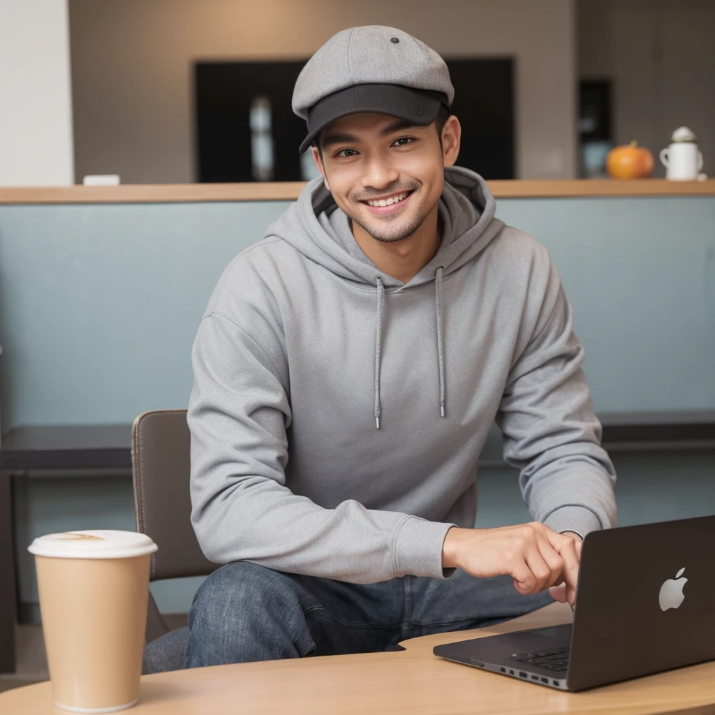 a man sit on cafe tabble, working on apple laptop, smile to camera, grey hoodie, wear cap