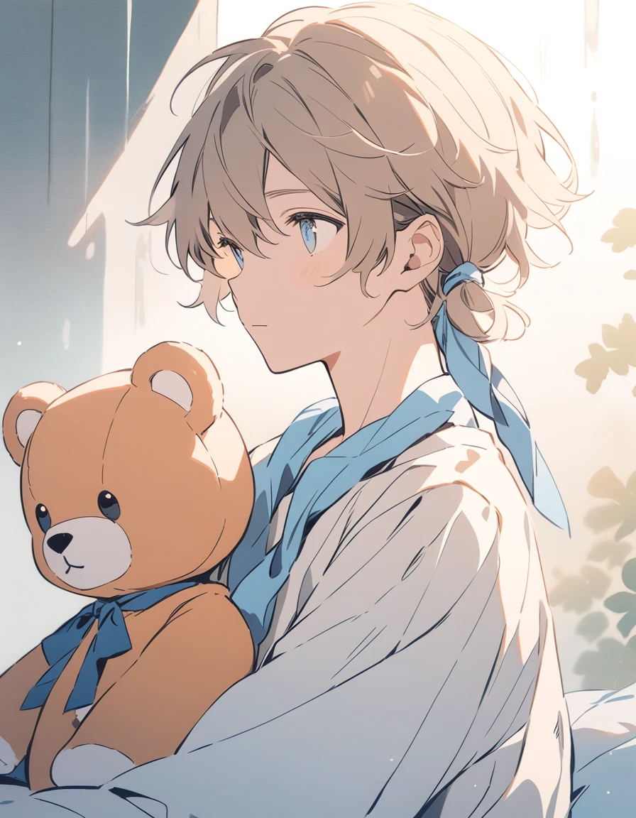 A young boy with tousled, light brown hair and soft blue eyes, wearing a loose white shirt. He is holding a large teddy bear with a blue ribbon tied around its neck. The boy is looking off to the side with a thoughtful expression. The background is a light watercolor wash with soft blue and beige splashes, giving a calm and serene atmosphere. The illustration style is soft and pastel-colored, with a gentle, anime-inspired look. The lighting is soft and natural, enhancing the tender and nostalgic mood of the scene.