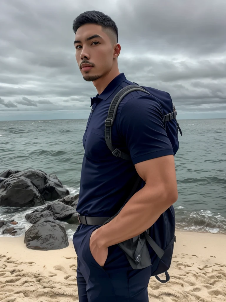 Tony Labrusca, Young man in a navy blue polo shirt Standing by the sea with an expression, looking into the distance Turn your head slightly.,Cloudy day, (Backpack:1.2)