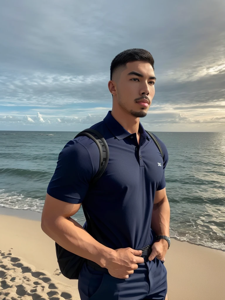Tony Labrusca, Young man in a navy blue polo shirt Standing by the sea with an expression, looking into the distance Turn your head slightly.,Cloudy day, (Backpack:1.2)