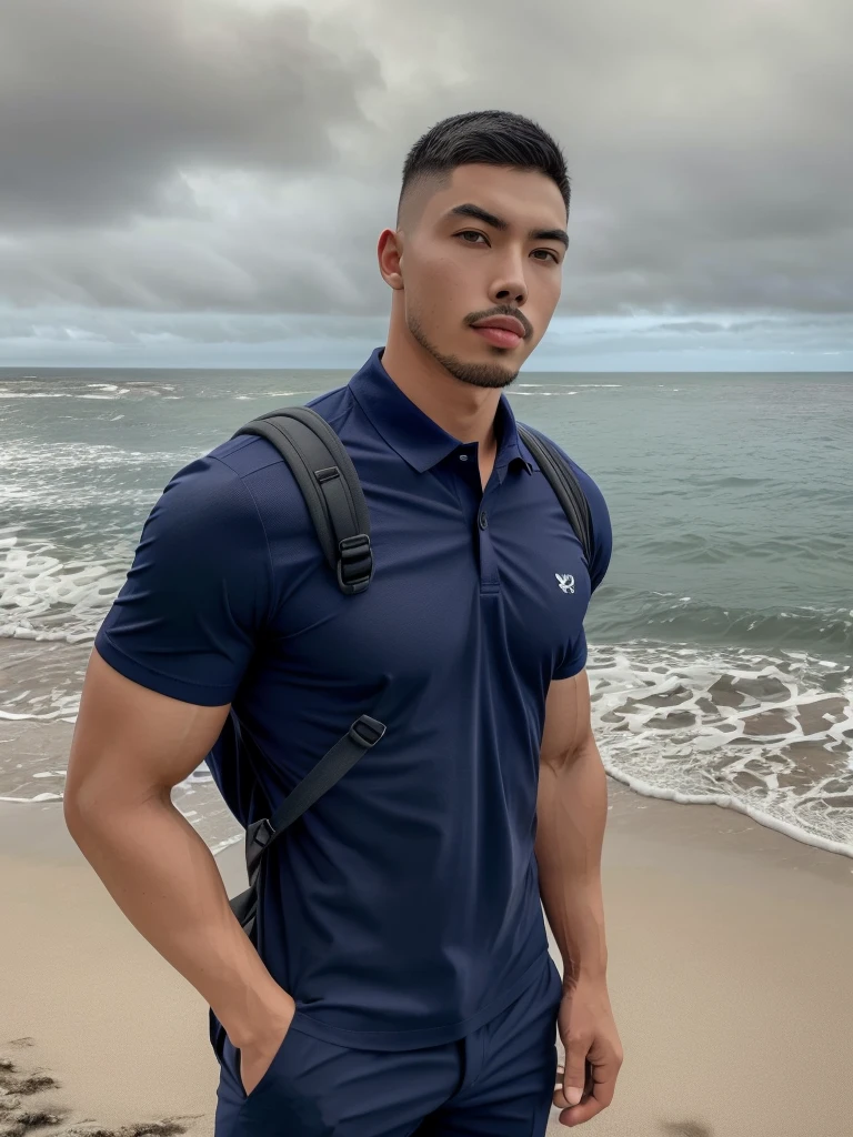 Tony Labrusca, Young man in a navy blue polo shirt Standing by the sea with an expression, looking into the distance Turn your head slightly.,Cloudy day, (Backpack:1.2)