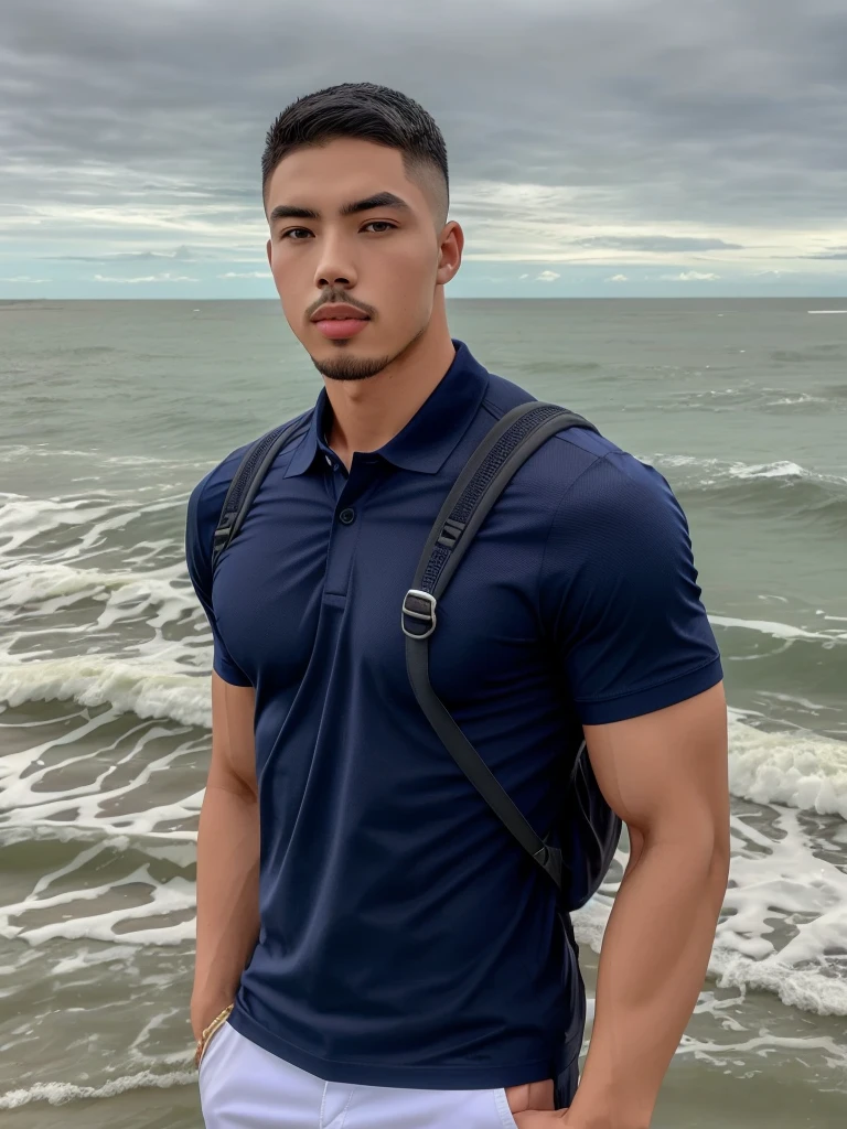 Tony Labrusca, Young man in a navy blue polo shirt Standing by the sea with an expression, looking into the distance Turn your head slightly.,Cloudy day, (Backpack:1.2)