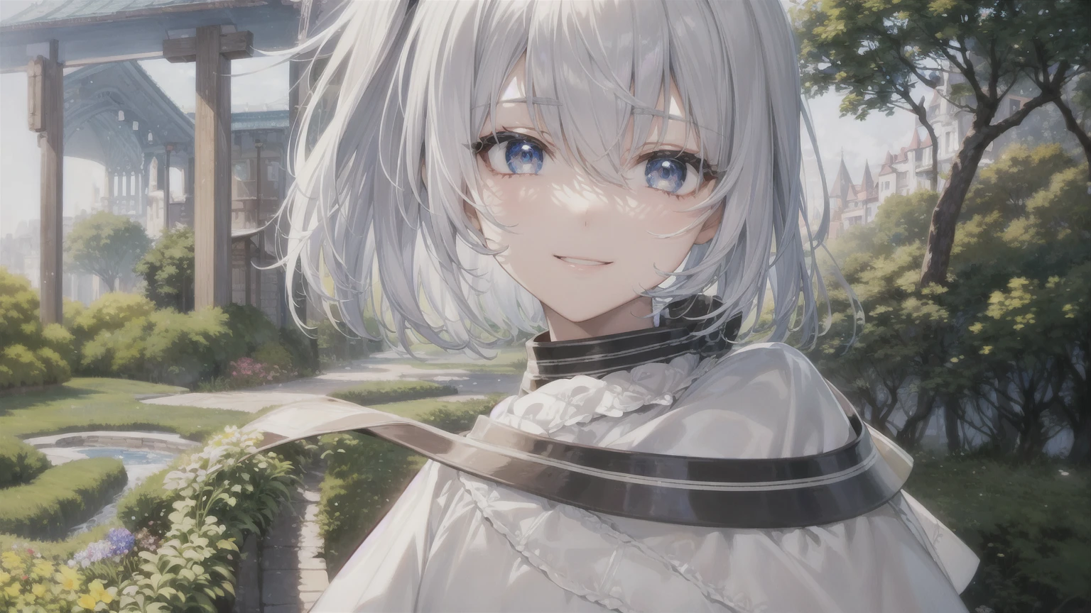 Ultra HD,Look at the viewers, Put your hands behind your back, With a girl, 20-year-old, 非常にShort Hair, Long bangs between the eyes, Pale blue eyes, Very detailed,(masterpiece、Highest quality),Gray Hair、Laughter、Fantastic, Silver Hair, Iris, Short hair、 Fluttering Hair、Small Face、明るいsmile、(Detailed face) ,Professional Lighting,Wonderful landscape,blue sky, sunlight,Looking down from above,Portraiture、Open your mouth、Flower Field、Her eyes were shining、Mysterious and enchanting atmosphere。With AI Painting、とてもShort Hair, Long bangs between the eyes, Very detailed,(masterpiece、Highest quality)、alone、Gray Hair、Fantasy, Silver Hair, Fantasyな風景、White shirt、smile、Open your mouth、short hair、Short Hair、hairpin、black eye、Grey Eyes、Beautiful Eyes、