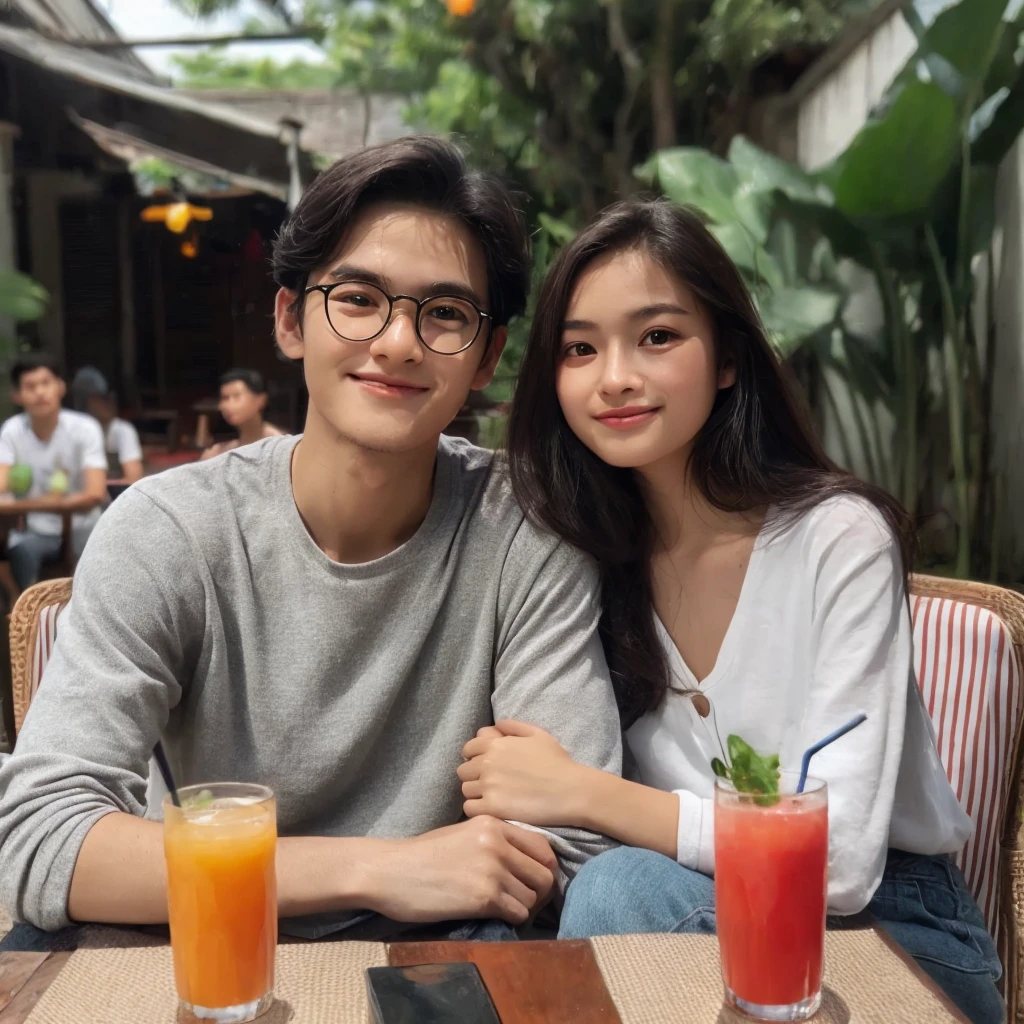 young couple, Indonesia, wearing casual clothes sitting on a cafe chair, faint smile cafe page background, There are 2 glasses of juice on the table, very detailed 8k