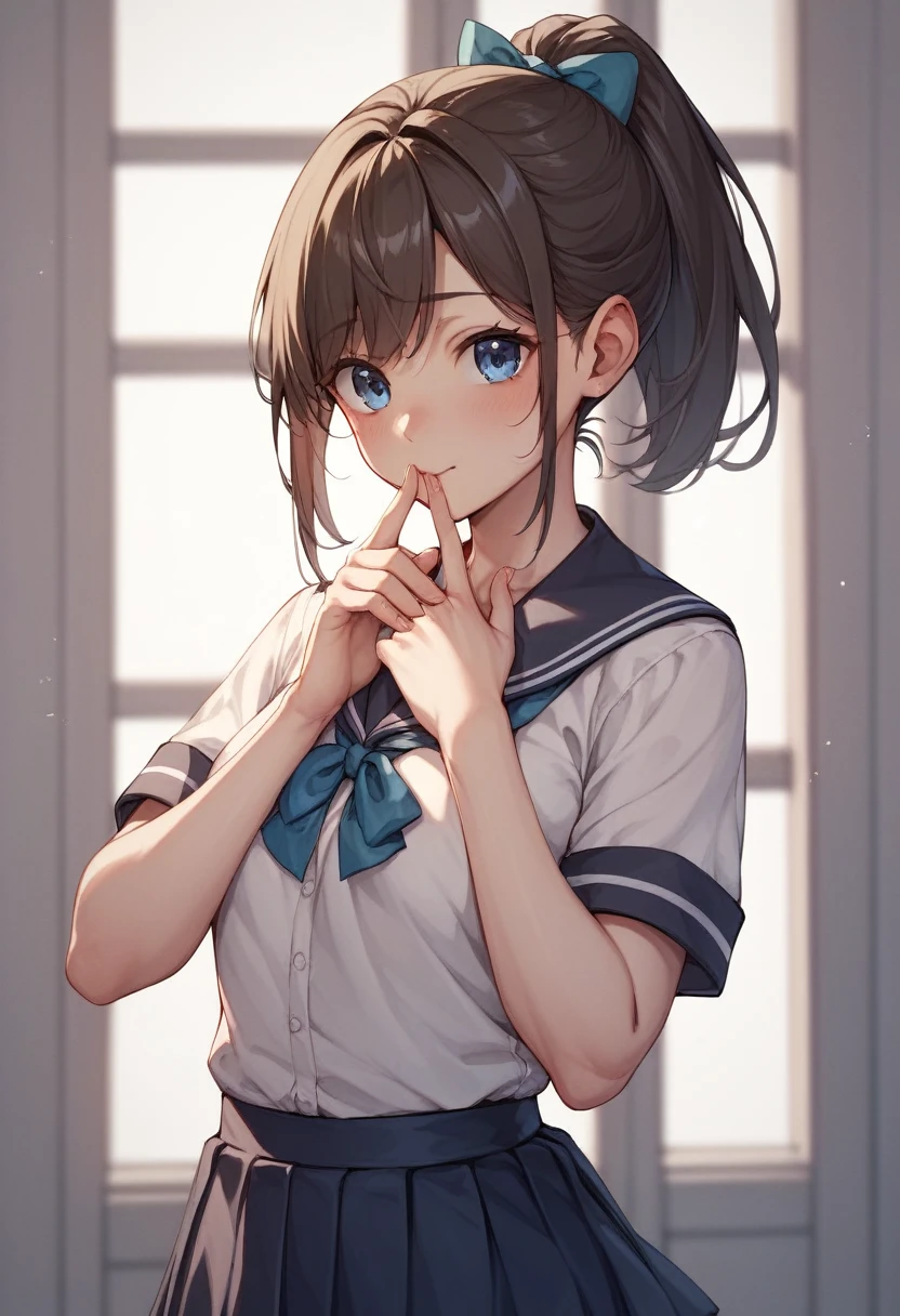 (Highest quality:1.3)、One Girl、high school girl、Quatting、from the front、Cute anime illustrations、ponytail、Private Server、mini skirt、Hand on chin、Blue eyes、Black brown hair