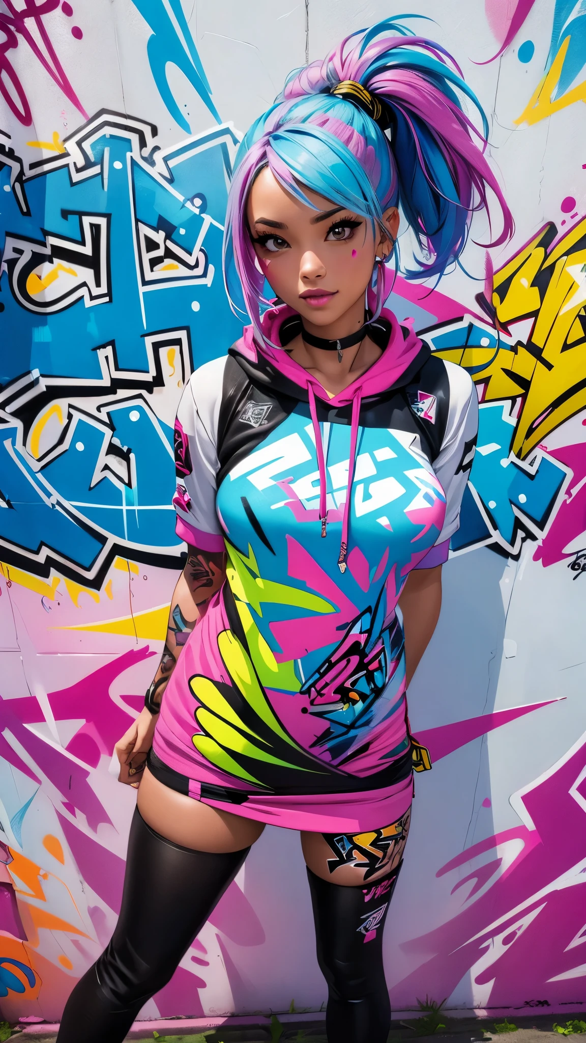 (best quality), (high detail), (vivid colors), (graffiti style), (freestyle), (Close up), (1girl), sexy female graffiti artist, spraying graffiti on a wall painted with street art, HDR, 4K, 3D, graffiti art style.