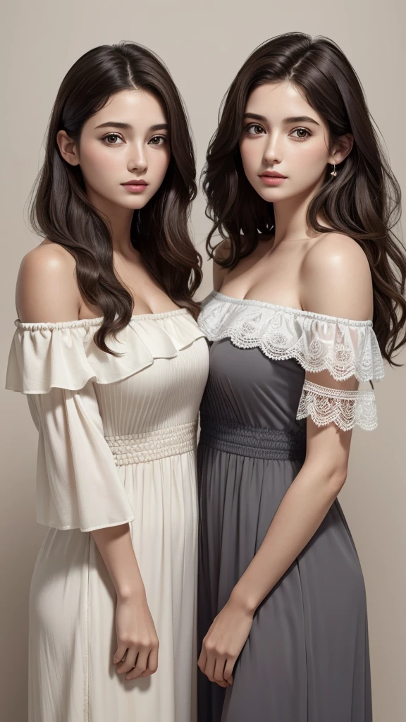 Highest quality, masterpiece, Ultra-high resolution, (Realistic:1.4), RAW Photos, Sisters、Older sister with long hair and younger sister with short hair, Brown-haired sister and black-haired sister、Off the shoulder、duet、A busty older sister and a growing younger sister