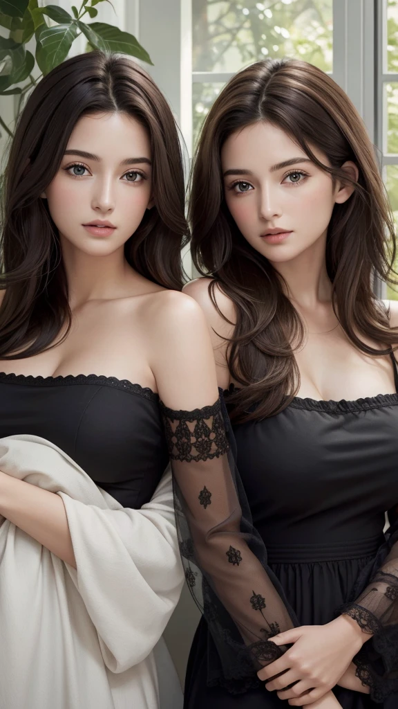 Highest quality, masterpiece, Ultra-high resolution, (Realistic:1.4), RAW Photos, Sisters、Older sister with long hair and younger sister with short hair, Brown-haired sister and black-haired sister、Off the shoulder、duet、A busty older sister and a growing younger sister