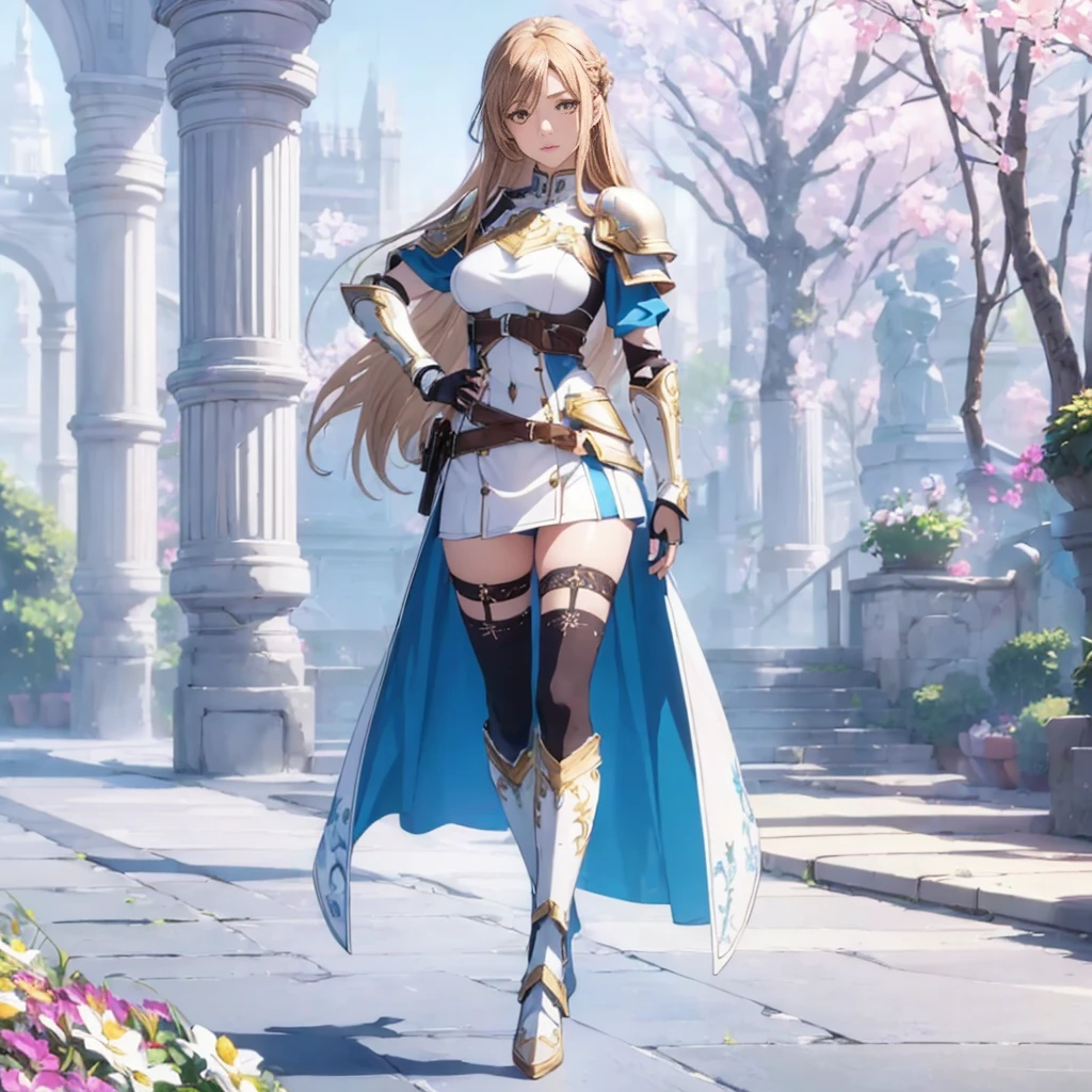 ((1girl, solo)), beautiful body, (perfect anatomy, perfect body, perfect hands, perfect legs), natural proportions, sexy body, large breasts, ((full body, full body front)), hand on hip BREAK
((extremely detailed face)), (beautiful detailed eyes:1.6), (realistic pupils, realistic iris:1), expressive eyes, looking at viewer, (clear eyes:1.3), (hyperrealistic:1.2), (detailed skin texture:1.2), smooth skin, asuna yuuki, long hair, brown hair, (brown eyes:1.8), (detailed lips:1.2), (attractive lips:1.1), (glossy lips:1.1), perfect face, perfect eyes BREAK
mini dress, long sleeves, (shoulder armor:1.3), (arm guard:1.3), partially fingerless gloves, ((black thighhighs)), knee high boots, armored boots, thighs, zettai ryouiki, belt, cape BREAK
outdoors, day, (garden:1.3), flower, trees, (shade of trees:1.2) BREAK
(masterpiece:1.5), anime-style, top quality, best quality, (beautiful and aesthetic:1.2), (ultra detail:1.5), Ultra-detailed depiction, Ultra-precise depiction, extremely detailed 8k illustration, high resolution, (highly detailed shading:1.2), (realistic lighting:1.4), perfect lighting, vibrant colors, dynamic tones, striking hues, 8k, absurd resolution, perfect shadows, hdr, UHD, ambient lighting, realistic, ultra-realistic, photo realistic, highly detailed, rich detail, luminous colors, fine texture, intricate design, professional illustration, (soft light:1.2), (illustration:0.7)