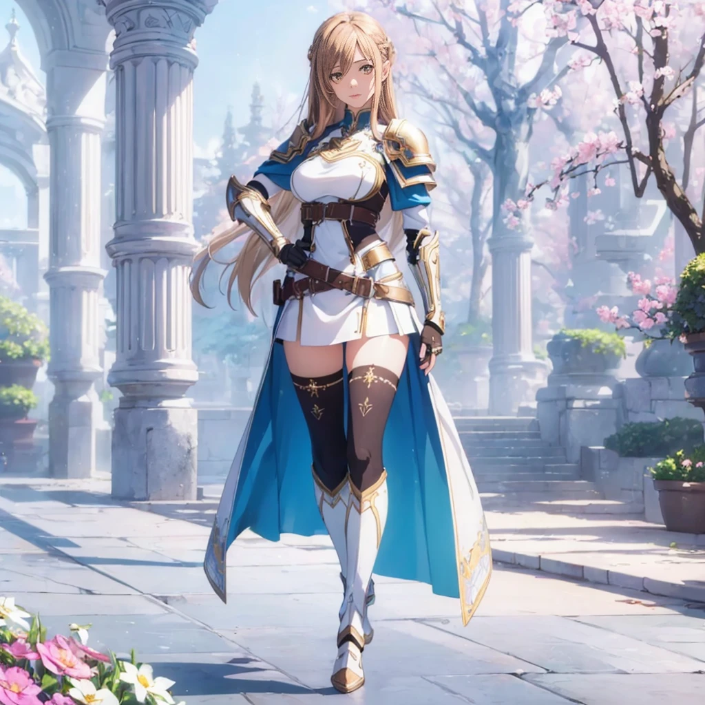((1girl, solo)), beautiful body, (perfect anatomy, perfect body, perfect hands, perfect legs), natural proportions, sexy body, large breasts, ((full body, full body front)), hand on hip BREAK
((extremely detailed face)), (beautiful detailed eyes:1.6), (realistic pupils, realistic iris:1), expressive eyes, looking at viewer, (clear eyes:1.3), (hyperrealistic:1.2), (detailed skin texture:1.2), smooth skin, asuna yuuki, long hair, brown hair, (brown eyes:1.8), (detailed lips:1.2), (attractive lips:1.1), (glossy lips:1.1), perfect face, perfect eyes BREAK
mini dress, long sleeves, (shoulder armor:1.3), (arm guard:1.3), partially fingerless gloves, ((black thighhighs)), knee high boots, armored boots, thighs, zettai ryouiki, belt, cape BREAK
outdoors, day, (garden:1.3), flower, trees, (shade of trees:1.2) BREAK
(masterpiece:1.5), anime-style, top quality, best quality, (beautiful and aesthetic:1.2), (ultra detail:1.5), Ultra-detailed depiction, Ultra-precise depiction, extremely detailed 8k illustration, high resolution, (highly detailed shading:1.2), (realistic lighting:1.4), perfect lighting, vibrant colors, dynamic tones, striking hues, 8k, absurd resolution, perfect shadows, hdr, UHD, ambient lighting, realistic, ultra-realistic, photo realistic, highly detailed, rich detail, luminous colors, fine texture, intricate design, professional illustration, (soft light:1.2), (illustration:0.7)