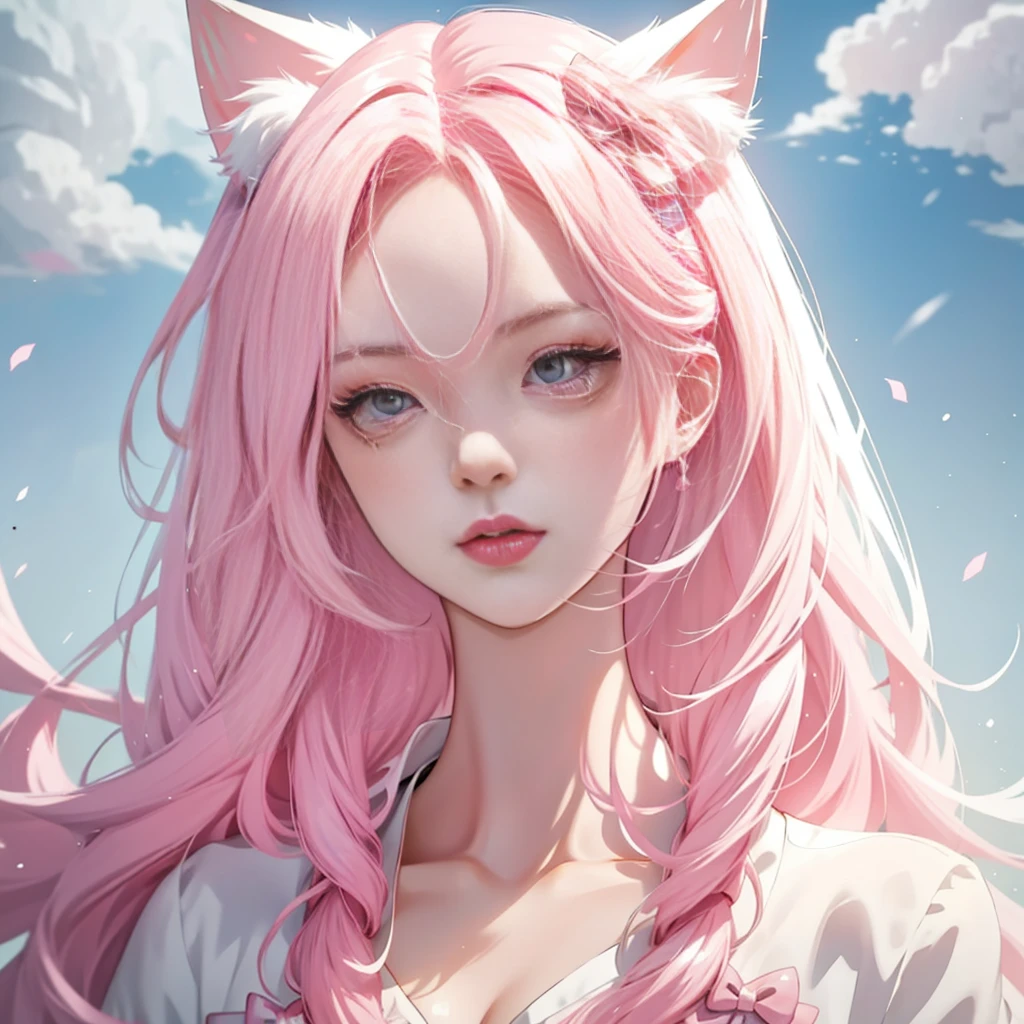Anime girl pink hair white bow, , Beautiful character painting, , Stunning anime face portrait handsome royal sister cat ears