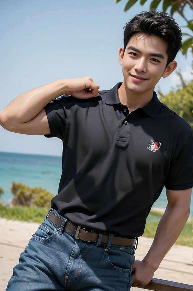 (Masterpiece: 1.2),(CGI art:1.3),(realistic:1.5),(post processing:1.3), (sharp focus:1.3), Asia, 1 male, smile, Korean guy , korean men, (High gloss details), chest muscles, Big arm muscles, blood vessel, big muscles, shoulder, looking at the audience, Balancing the eyes ,(black polo shirt ),(jeans), , By the sea, beach, sunlight, Run towards the camera..