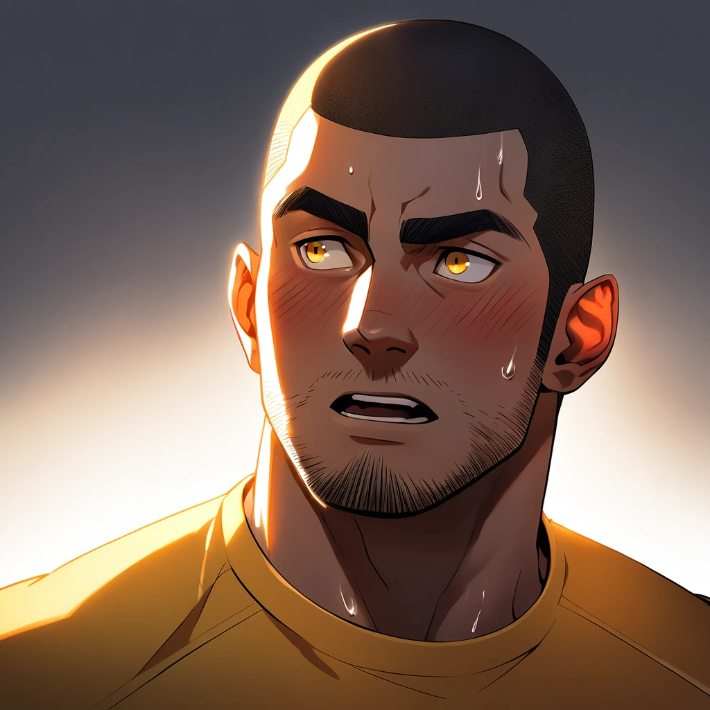 1muscular sportsman, male focus, Buzz Cut, Yellow and black tight T-shirt, Very tight, muscular male, muscular, only, Upper body, alone, look to the side, short hair, stubble, sweat, black hair, Yellow eyes, open lips, White background, simple background, amazing quality, best aesthetics, Ridiculous, crew cut, moaning, blush, chiaroscuro, cinematic lighting, best quality, textured skin