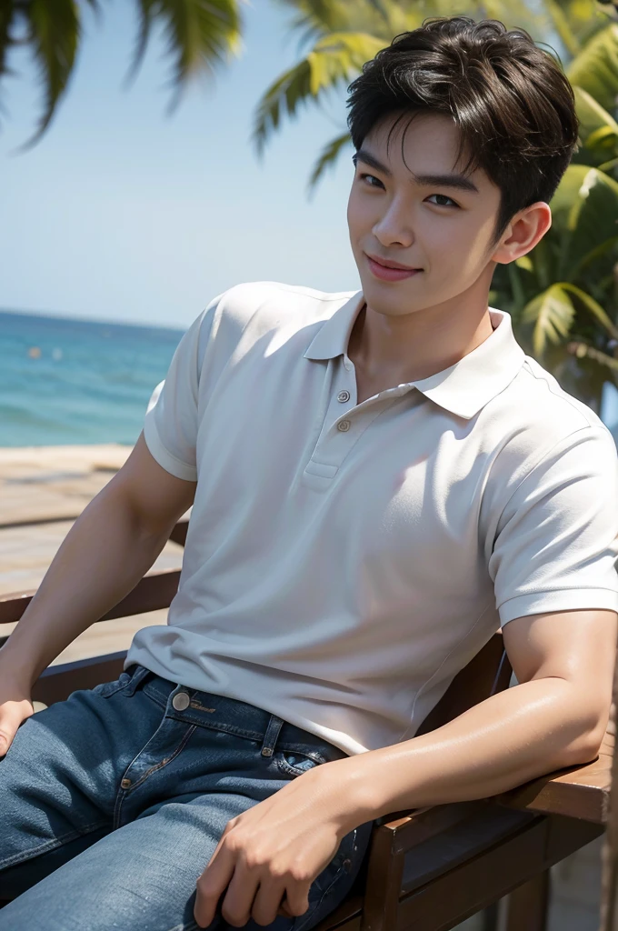 (Masterpiece: 1.2),(CGI art:1.3),(realistic:1.5),(post processing:1.3), (sharp focus:1.3), Asia, 1 male, smile, Korean guy , korean men, (High gloss details), chest muscles, Big arm muscles, blood vessel, big muscles, shoulder, looking at the audience, Balancing the eyes ,(black polo shirt ),(jeans), , By the sea, beach, sunlight, Run towards the camera..