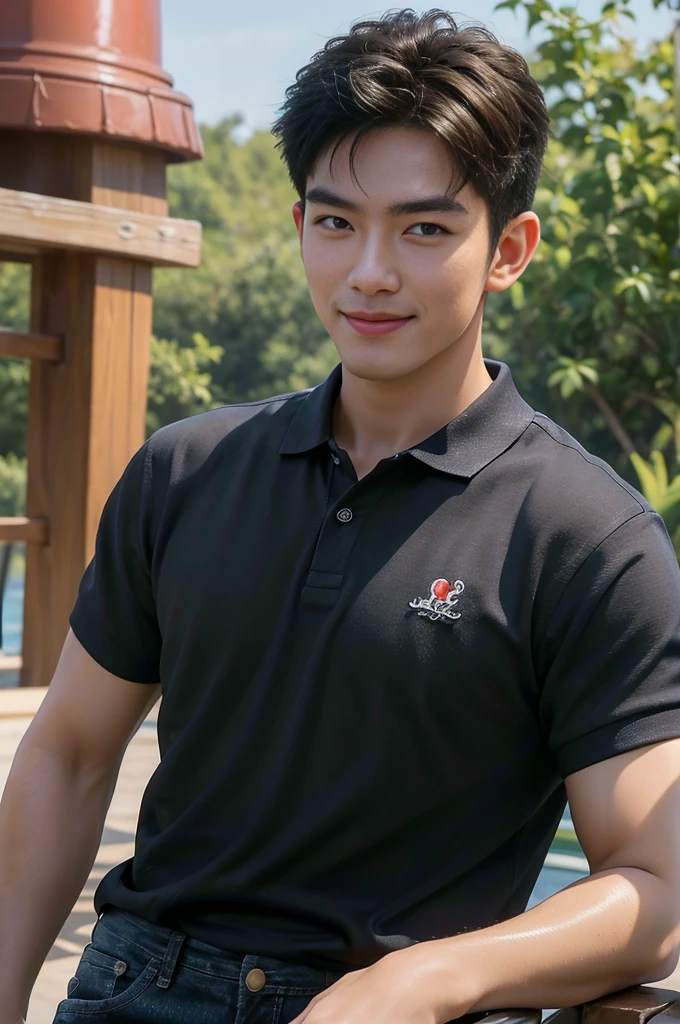 (Masterpiece: 1.2),(CGI art:1.3),(realistic:1.5),(post processing:1.3), (sharp focus:1.3), Asia, 1 male, smile, Korean guy , korean men, (High gloss details), chest muscles, Big arm muscles, blood vessel, big muscles, shoulder, looking at the audience, Balancing the eyes ,(black polo shirt ),(jeans), , By the sea, beach, sunlight, Run towards the camera..