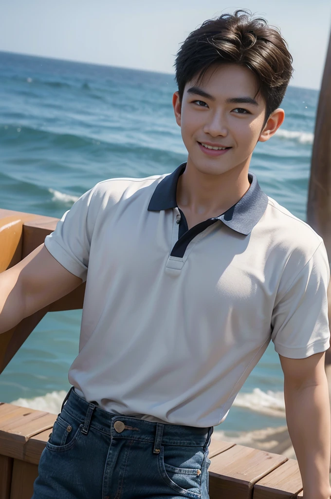 (Masterpiece: 1.2),(CGI art:1.3),(realistic:1.5),(post processing:1.3), (sharp focus:1.3), Asia, 1 male, smile, Korean guy , korean men, (High gloss details), chest muscles, Big arm muscles, blood vessel, big muscles, shoulder, looking at the audience, Balancing the eyes ,(black polo shirt ),(jeans), , By the sea, beach, sunlight, Run towards the camera..
