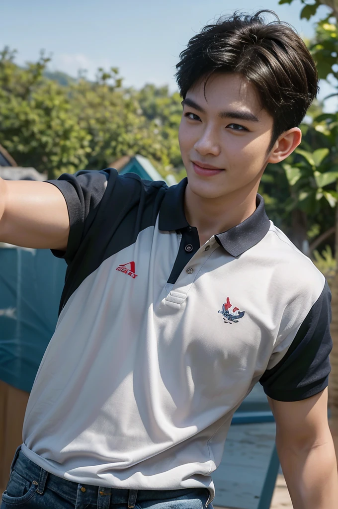 (Masterpiece: 1.2),(CGI art:1.3),(realistic:1.5),(post processing:1.3), (sharp focus:1.3), Asia, 1 male, smile, Korean guy , korean men, (High gloss details), chest muscles, Big arm muscles, blood vessel, big muscles, shoulder, looking at the audience, Balancing the eyes ,(black polo shirt ),(jeans), , By the sea, beach, sunlight, Run towards the camera..