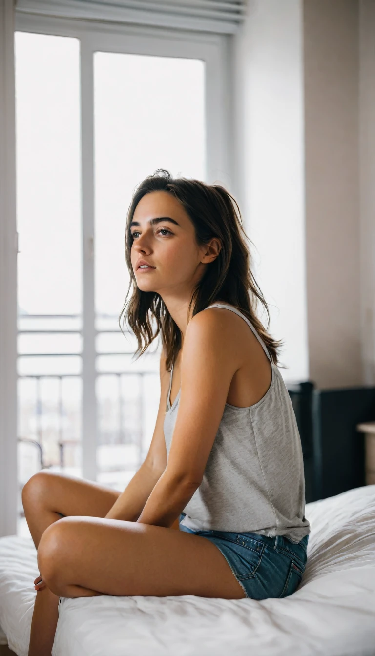 jeune femme brune dans son appartement, dans sa chambre, assise sur un lit en short et débardeur, sa posture doit etre décontracté