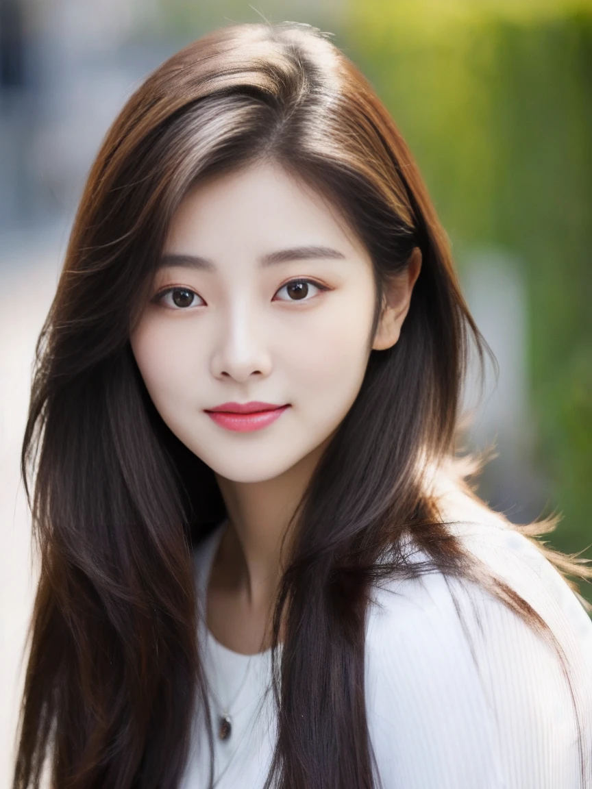 A long-haired woman wearing a white top and white blouse, Popular Korean makeup, inspired by Yanjun Cheng, Round Face, WAN cute Korean face, Popular Korean makeup, Inspired by Shen Si Zheng, Korean facial features, korean symmetrical face, Beautiful face, Young and cute Korean face, Portrait of a Korean female idol, Nam Jae-yeon