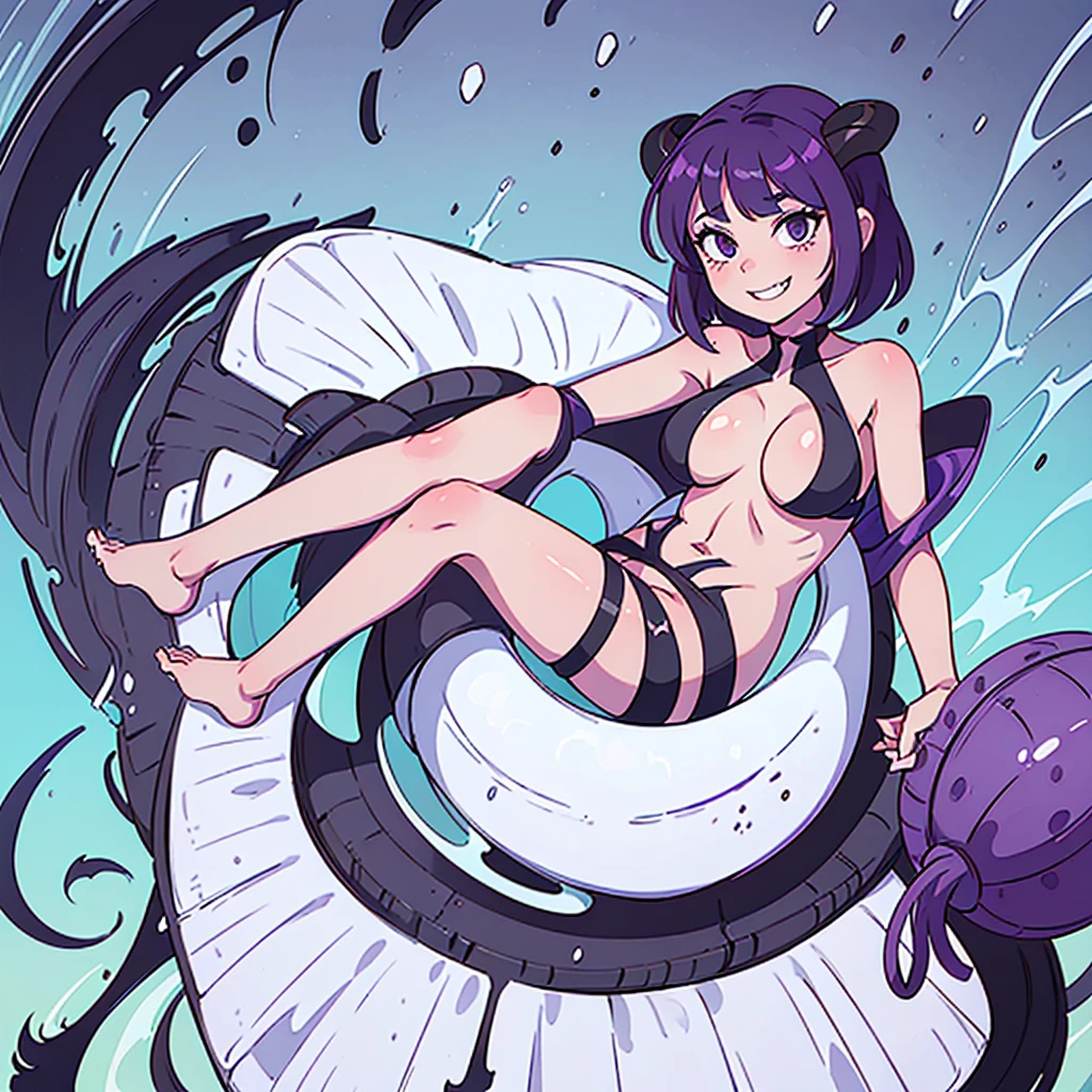 4k, High Definition, 1 girl, Swimsuit, color del Swimsuit: negro, tipo de Swimsuit: Bikini, short hair, Hair color: purple, slanted eyes, Eye color: purples, macabre smile, BIG BREASTS, big thighs, demon tail, small demon horns, sharp teeth.