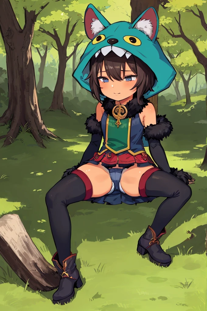 1girl,,tanned body,short hair,sitting on ground,,open legs,spread legs,outdoor,miniskirt,panties,expressionless,(((looking away))),thighhighs,boots,(((fantasy,animal costume)))