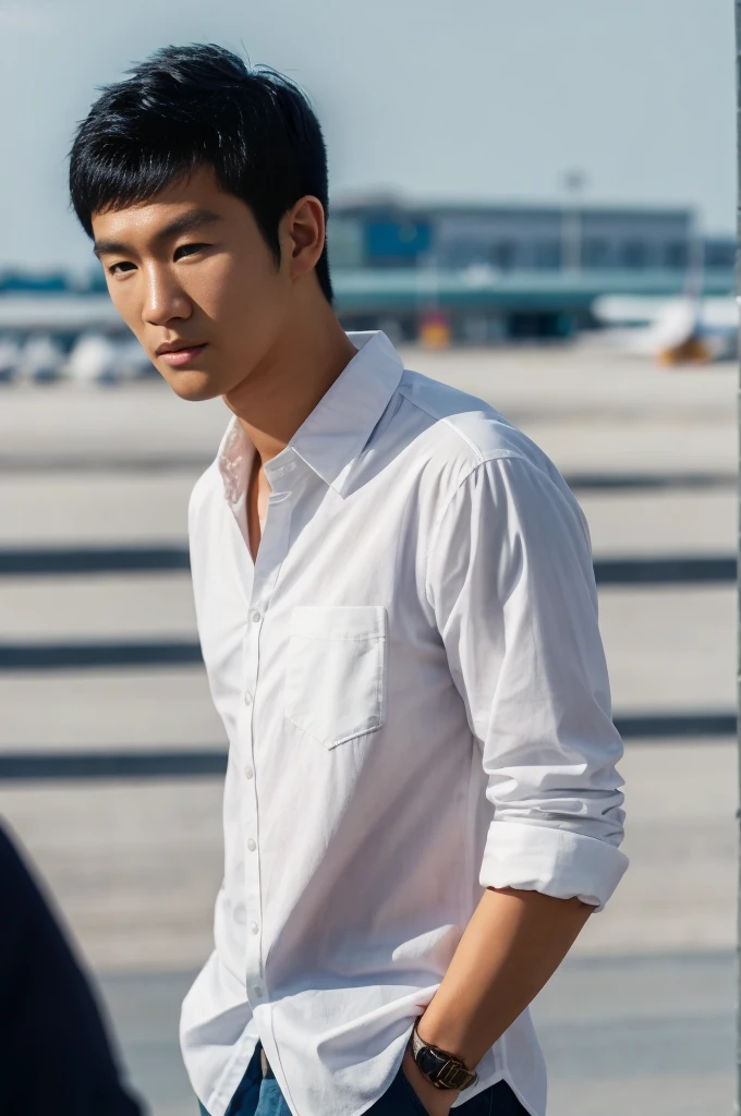 young asian man looking at camera In a white button-down shirt , seaside beach sunlight looking at the airport