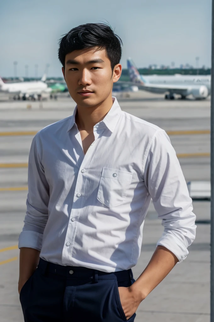 young asian man looking at camera In a white button-down shirt , seaside beach sunlight looking at the airport