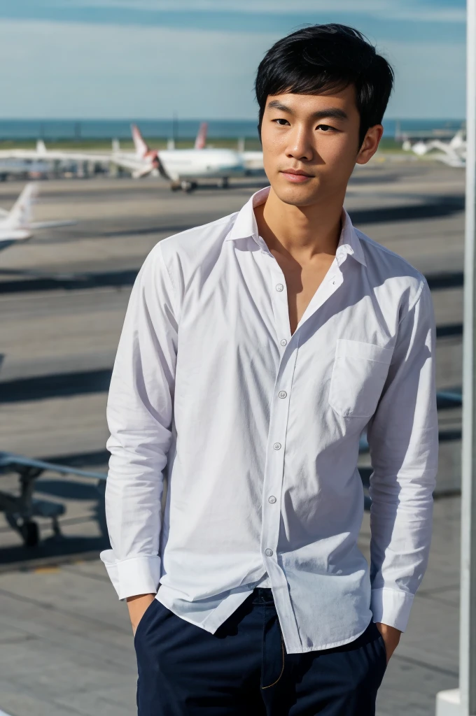 young asian man looking at camera In a white button-down shirt , seaside beach sunlight looking at the airport