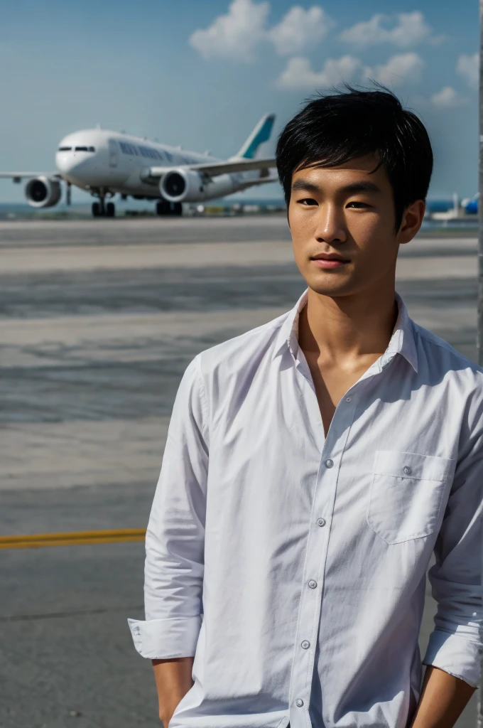 young asian man looking at camera In a white button-down shirt , seaside beach sunlight looking at the airport