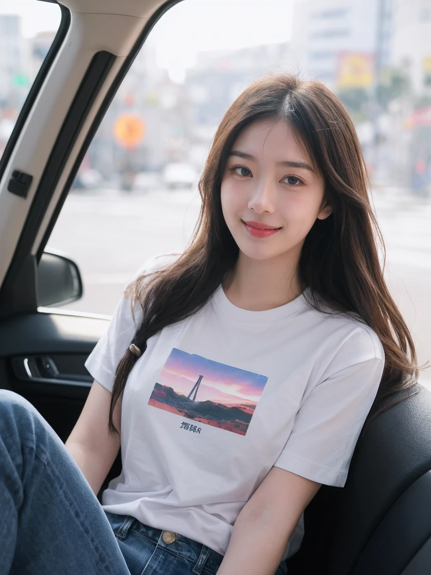 Realistic,score_9, score_8_Excellent, score_7_Excellent, break, 1人of女性（40s:1.2）,alone,Tie long hair to the side,From before,Face Focus,(View your viewers:1.2),A kind smile（Laugh with your mouth closed:1.2）,Full body portrait（Medium:1.2）,（bright,Polaroid,(depth_of_Field:1.5),晴れof日,Outdoor,street,目of間of毛,Moody lighting,Lens flare,Available Light,Rim Light,Shining neon lights,Curvy,Ｔshirt(Korean traditional pattern　Chachangsegori(car window segolli) PrintＴshirt　レディース リラックスTshirt　bella + Canvas 6400 (Heather Mauve:1.2),Plain,Blue Jeans,日本of女性