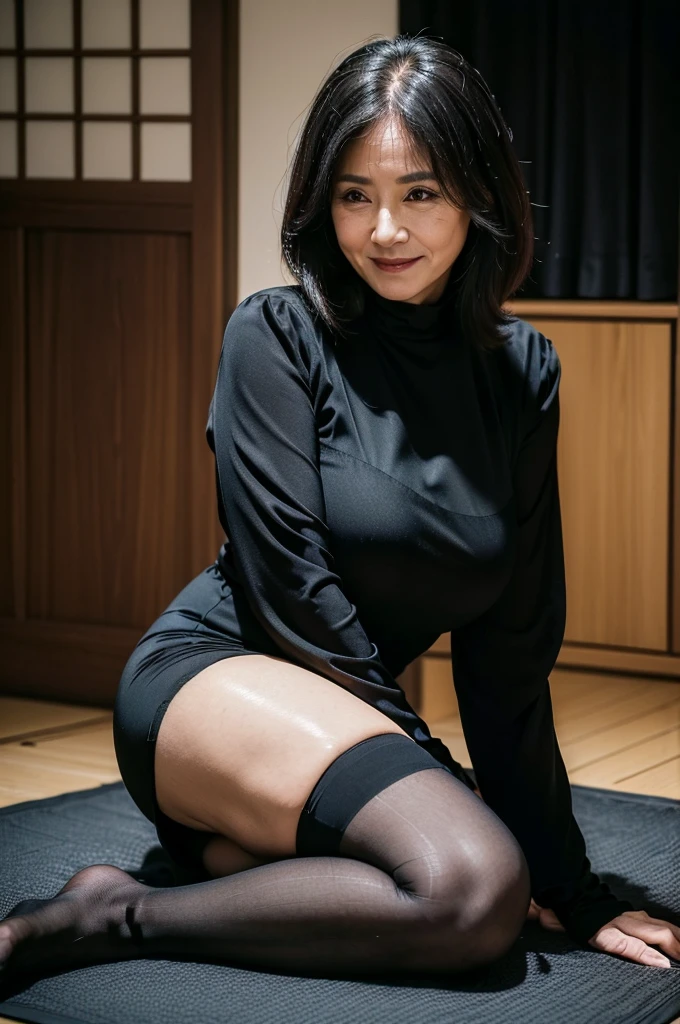 (masterpiece:1.4),(Beautiful 60 year old woman:1.5),(Facial wrinkles : 1.2), (facing away : 1.1), happy, smile, (side-ponytail : 1.1), (short sleeve black mourning dress), (mid-length dress), (black nylon tights : 1.2), Motherhood Mature Woman, plump thighs, (on knees : 1.1), on tatami, japanese house