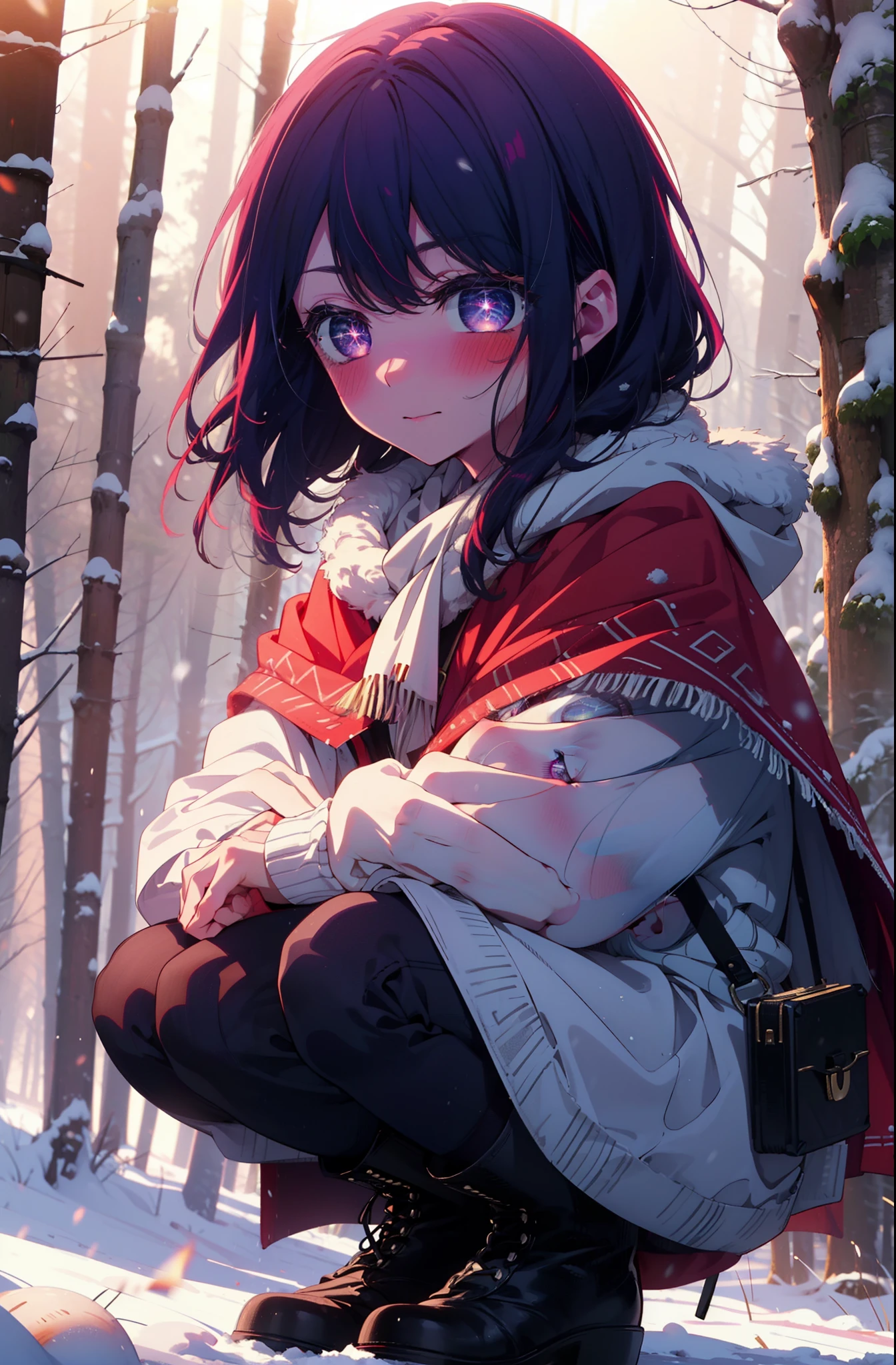 aihoshino, Ai Hoshino, Long Hair, bangs, (Purple eyes:1.1), Purple Hair, (Symbol-shaped pupil:1.5), smile,,smile,blush,White Breath,
Open your mouth,snow,Ground bonfire, Outdoor, boots, snowing, From the side, wood, suitcase, Cape, Blurred, , forest, White handbag, nature,  Squat, Mouth closed, Cape, winter, Written boundary depth, Black shoes, red Cape break looking at viewer, Upper Body, whole body, break Outdoor, forest, nature, break (masterpiece:1.2), Highest quality, High resolution, unity 8k wallpaper, (shape:0.8), (Beautiful and beautiful eyes:1.6), Highly detailed face, Perfect lighting, Highly detailed CG, (Perfect hands, Perfect Anatomy),