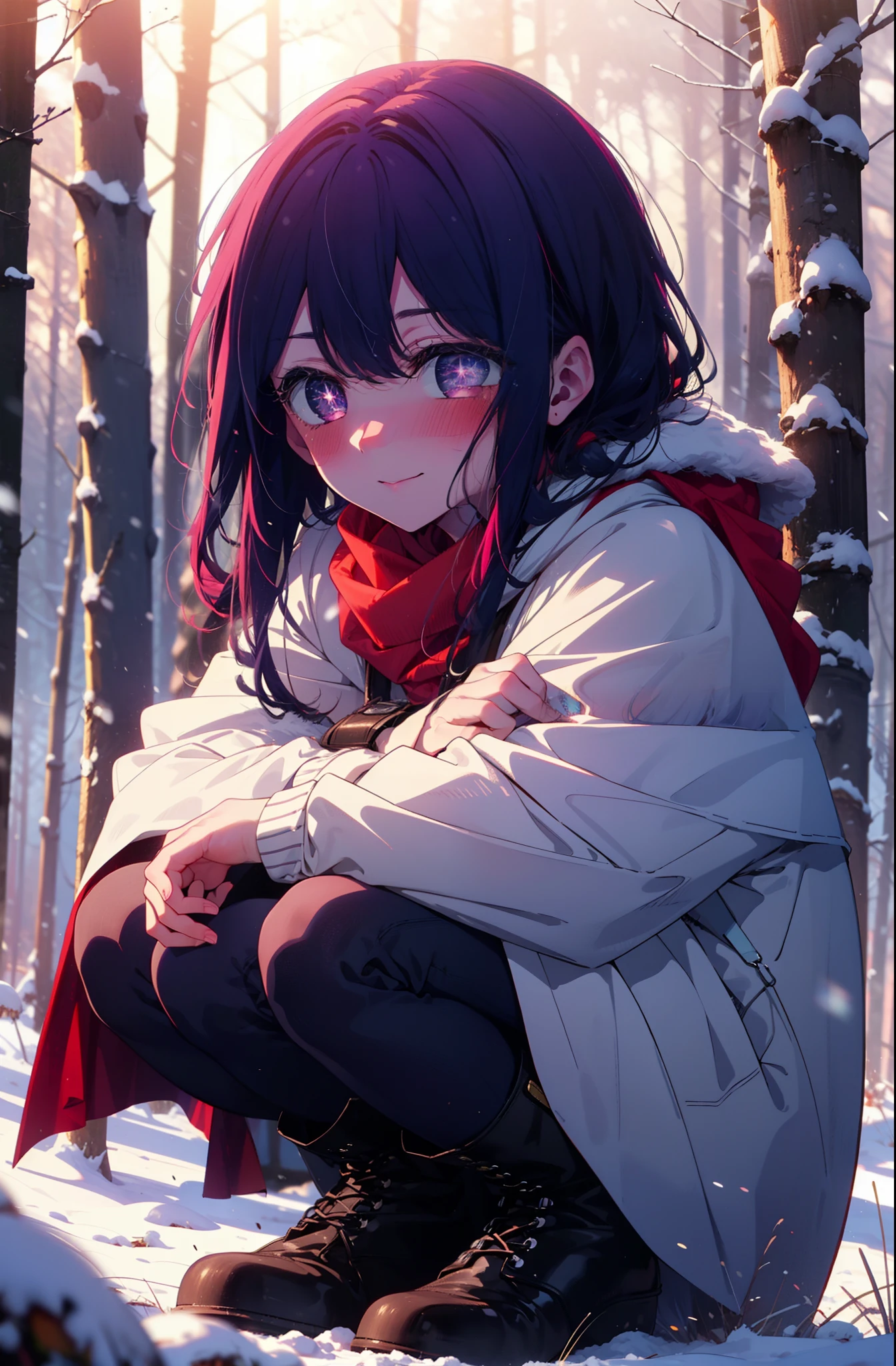 aihoshino, Ai Hoshino, Long Hair, bangs, (Purple eyes:1.1), Purple Hair, (Symbol-shaped pupil:1.5), smile,,smile,blush,White Breath,
Open your mouth,snow,Ground bonfire, Outdoor, boots, snowing, From the side, wood, suitcase, Cape, Blurred, , forest, White handbag, nature, Squat, Mouth closed, Cape, winter, Written boundary depth, Black shoes, red Cape break looking at viewer, Upper Body, whole body, break Outdoor, forest, nature, break (masterpiece:1.2), Highest quality, High resolution, unity 8k wallpaper, (shape:0.8), (Beautiful and beautiful eyes:1.6), Highly detailed face, Perfect lighting, Highly detailed CG, (Perfect hands, Perfect Anatomy),