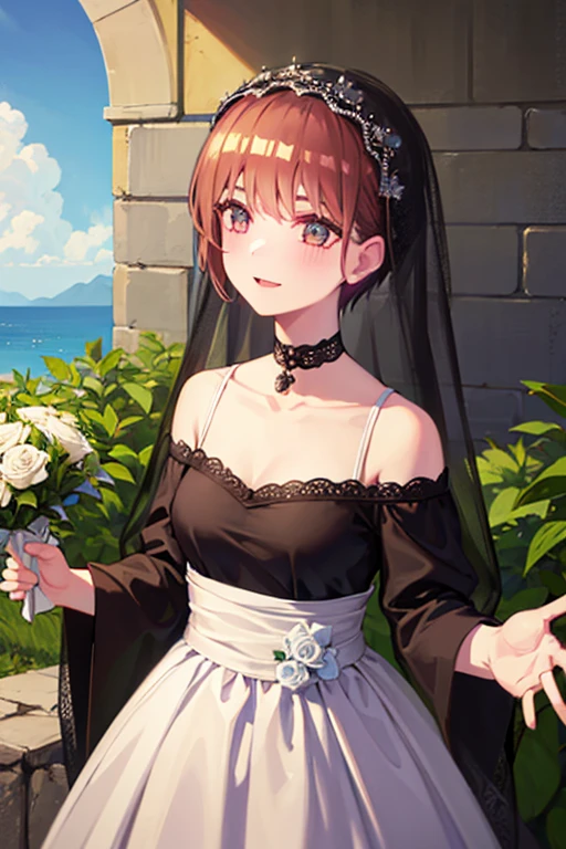 (masterpiece, Highest quality, detailed), One Girl, alone, Asymmetrical Short Hair,Brown Hair, Brown eyes, Black Wedding Dress, Long dress, Outdoor, Day, Chapel, blue sky, wave hands, Please raise your hand, Raise your arms, smile, Open your mouth,Watery eye,marriage,front,Hold the bouquet with both hands,Please put a black veil on your head.,Black wedding dress,