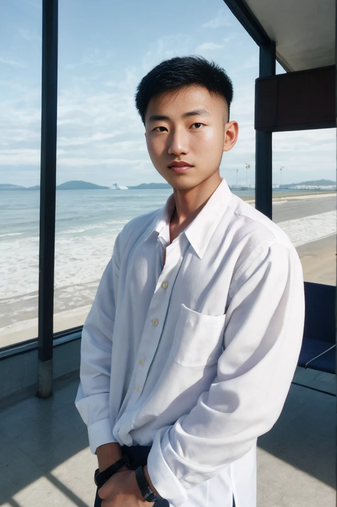 young asian man looking at camera In a white button-down shirt , seaside beach sunlight looking at the airport