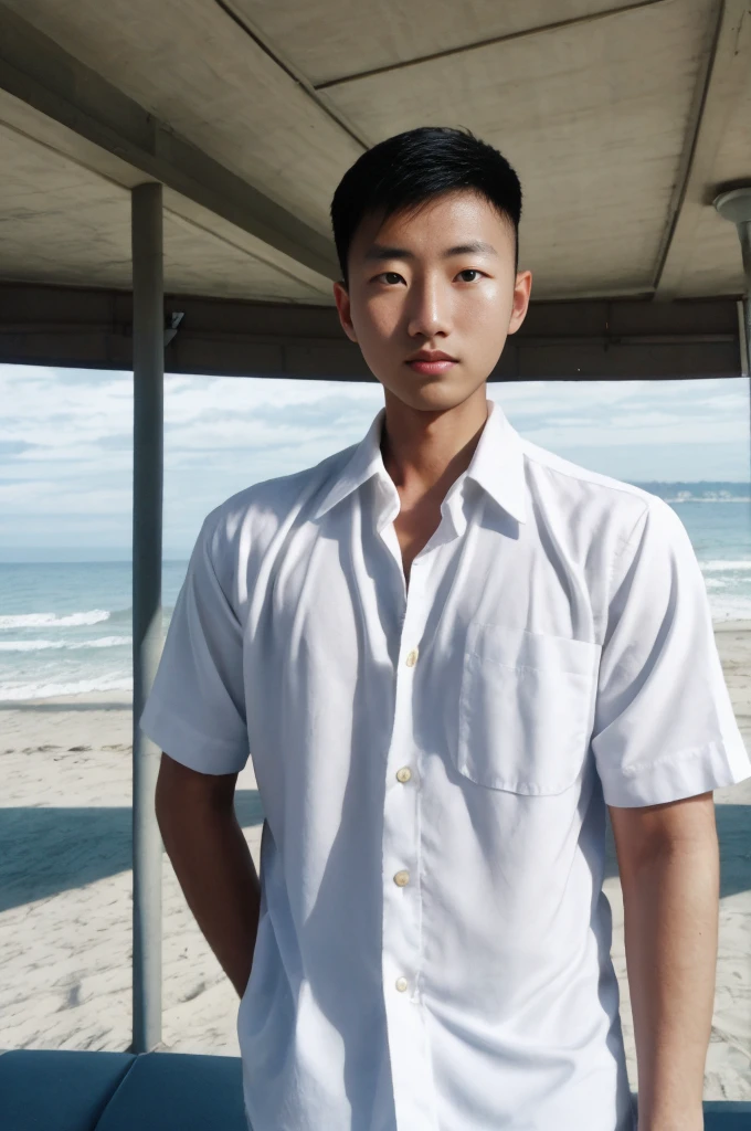 young asian man looking at camera In a white button-down shirt , seaside beach sunlight looking at the airport