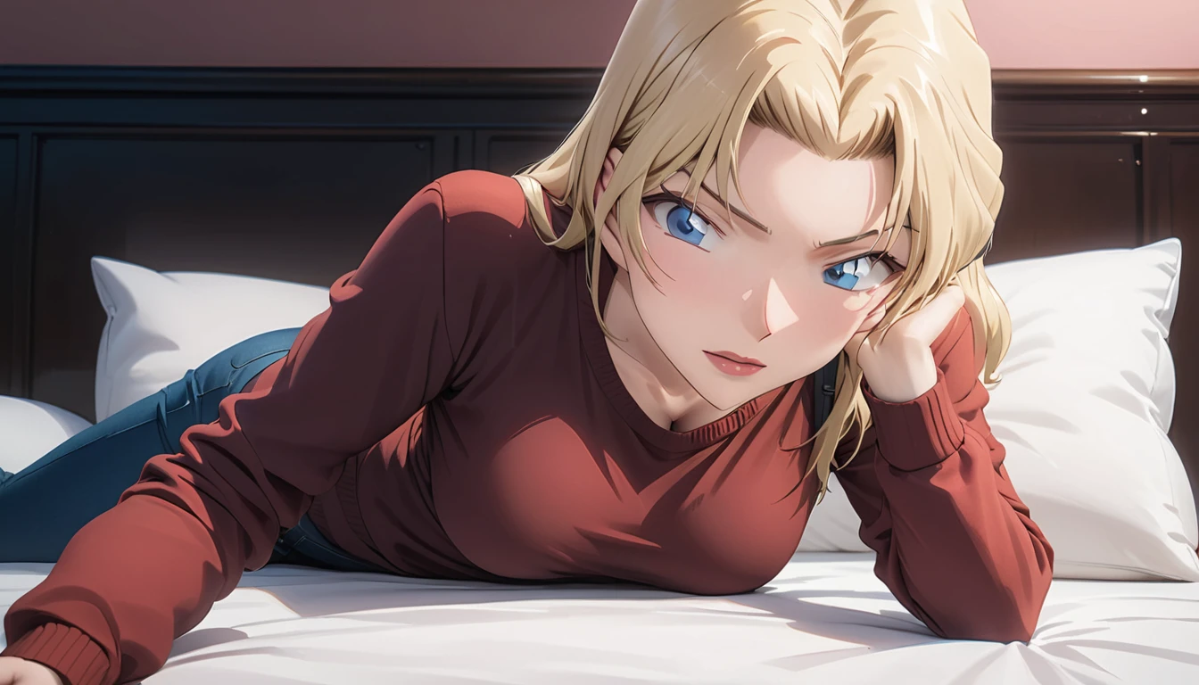 (masterpiece, best quality:1.5), ((Extremely detailed)), high resolution，Anime style，（Beautiful blonde woman, lying on the bed, red sweater, comfortable posture, perfect figure：1.3）